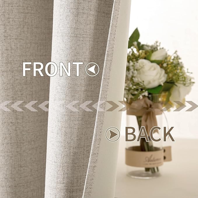 MIULEE Linen Textured Curtains for Bedroom Solid 100% Blackout Thermal Insulated Natural Grommet Room Darkening Curtains & Drapes Luxury Decor for Living Room Nursery 52 x 45 Inch (2 Panels)