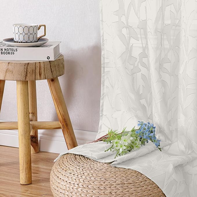 Lecloud Leia Ivory Sheer Curtains 120 Inches Long 2 Panels, Jacquard Textured Voile Curtains, Modern Gauzy Windows Decor Drapes with Dual Rod Pockets for Living Room Bedroom, Each 52" W x 120" L