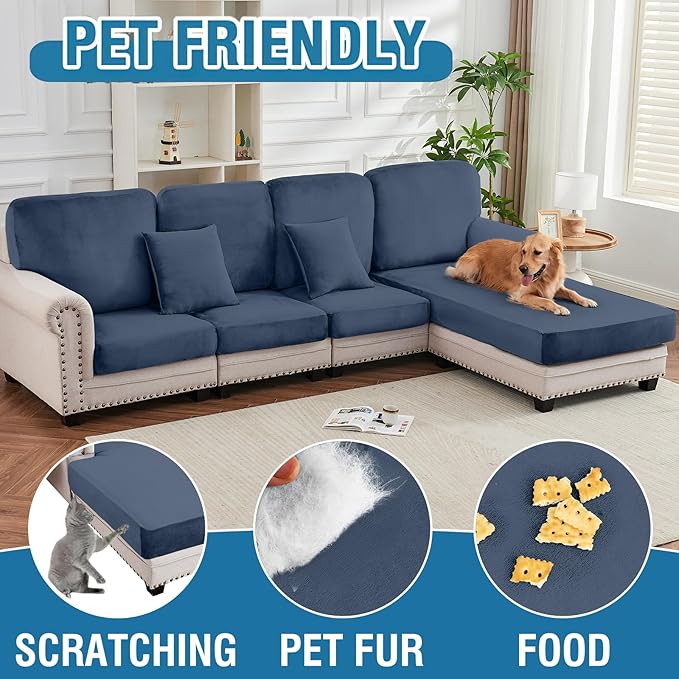 Couch Cover Velvet Chaise Cushion Cover for Sectional Sofas - Elastic L-Shaped Sofa Seat Covers Washable, Slipcover Protector (1-Piece, Berlin Blue)