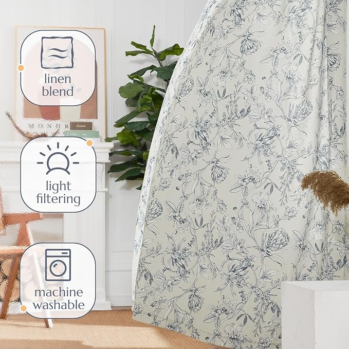 jinchan Floral Curtains 84 Inches Long Blue Flower Linen Farmhouse Curtain for Living Room French Country Vintage Curtain Rod Pocket Curtains Set 2 Panels Blue Floral Printed