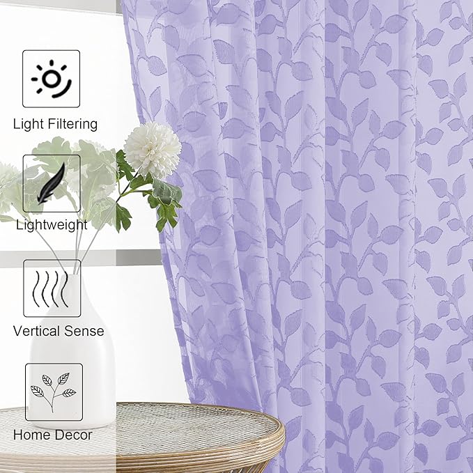 Chyhomenyc Light Purple Sheer Curtains 63 Inch Length 2 Panels Set, Light Filtering Tufted Textured Soft Airy Rod Pocket Cute Leaf Window Treatment Drapes for Bedroom Living Room, 42" Wx63 L, 2PCS