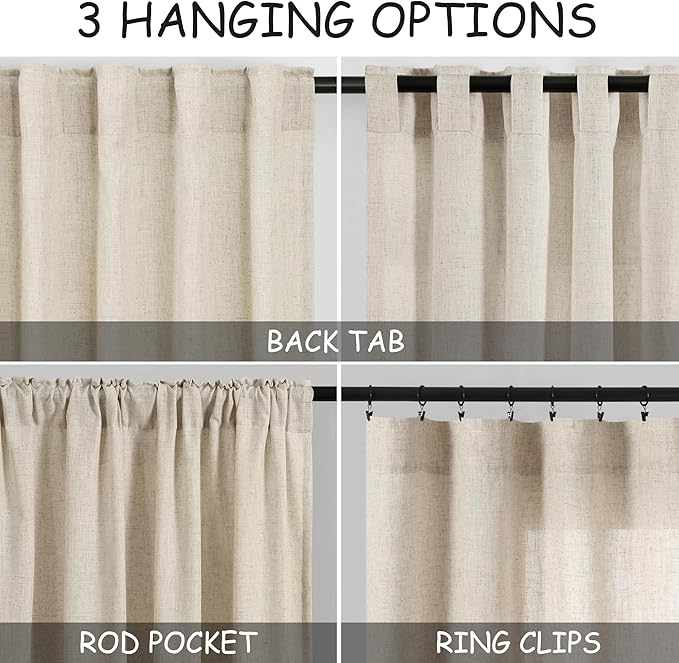 Nanspring Beige Cafe Curtains 45 Inch Length Set 2 Panel Back Tab Pocket Semi Sheer Short Linen Beige Curtain Tiers for Small Bathroom Window Basement 38x45