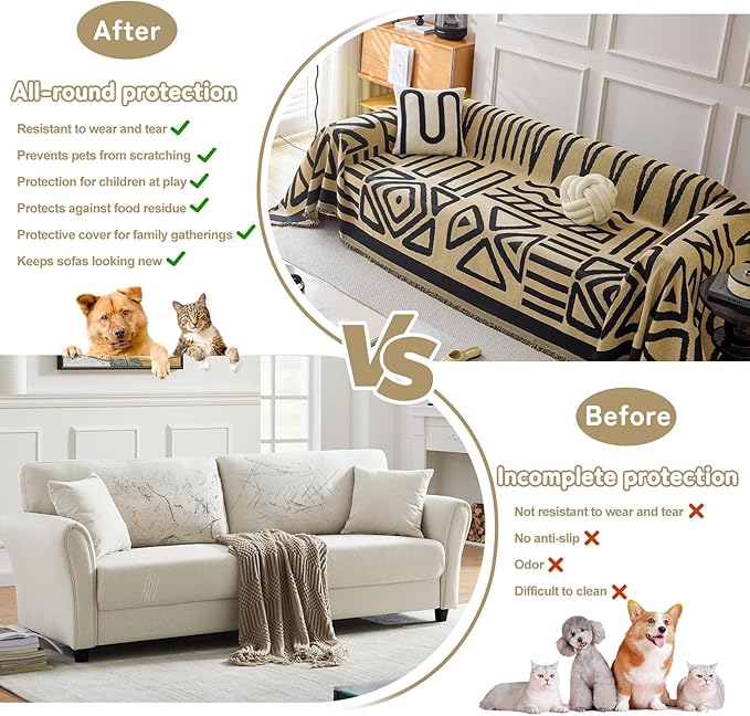 HANDONTIME Boho Geometric Couch Covers for Sofa Pet Friendly Taupe and Black Sofa Covers Washable Chenille Couch Blanket Cover for 1 2 Cushion Couches Pet Protector Furniture Cover Soft, 71" X 102"