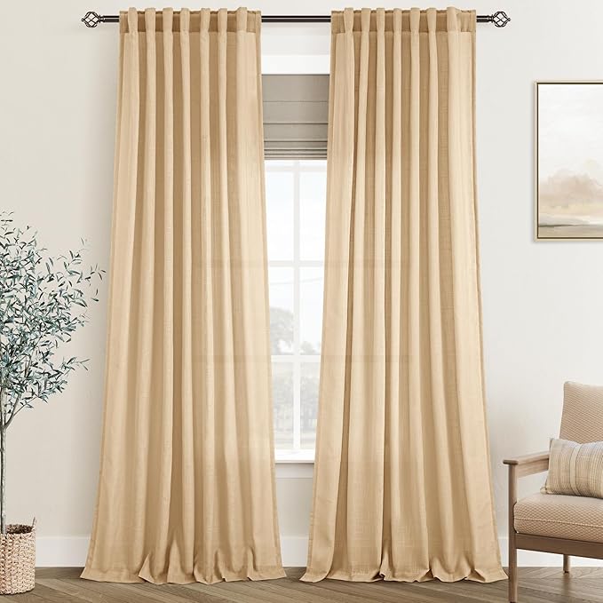 Tan Linen Curtains 84 inches Long for Living Room Back Tab Rustic Farmhouse Semi Sheer Light Filtering Window Curtain Dining Room Soft Thick Flax Linen Textured Drapes Kahki 52x84