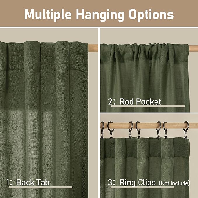 LAMIT Kitchen Semi Sheer Linen Curtains 24 Inch Long, Light Filtering Panels Back Tab and Rod Pocket Neutral Drapes for Cafe/Bathroom/Small Window, Olive Green, 2 Panels, 34 x 24 Inch