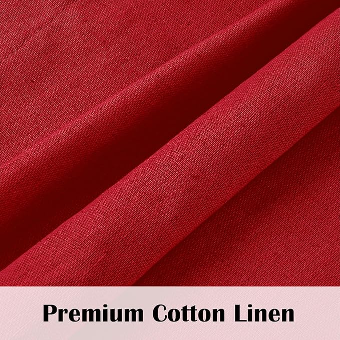 FRAMICS Farmhouse Cotton Linen Curtains for Living Room, Boho Button Curtains 63 inch Length, Rustic Country Linen Window Curtains for Bedroom, Rod Pocket Drapes, 52 x 63 Inch, Red and White