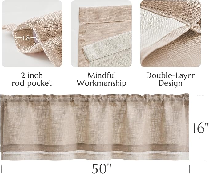 jinchan Linen Farmhouse Valances for Living Room Windows 16 Inch Slubbed Crossed Double Layer Window Valances Light Filtering Rustic Country Overlay Rod Pocket 2 Panels Blush Beige