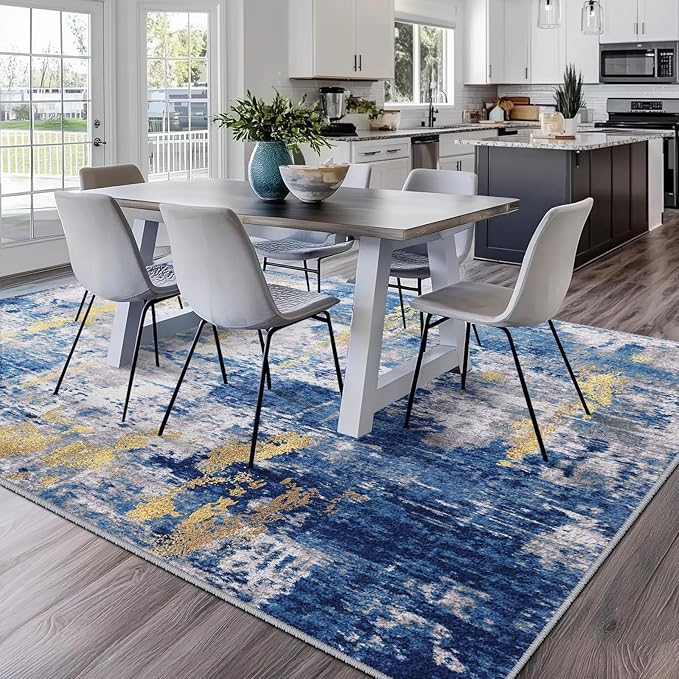 Washable Area Rugs 10'x12' Non-Slip Modern Abstract Soft for Living Room Entryway Bedroom Nursery, Print Pattern, Grey Blue Gold/Golden