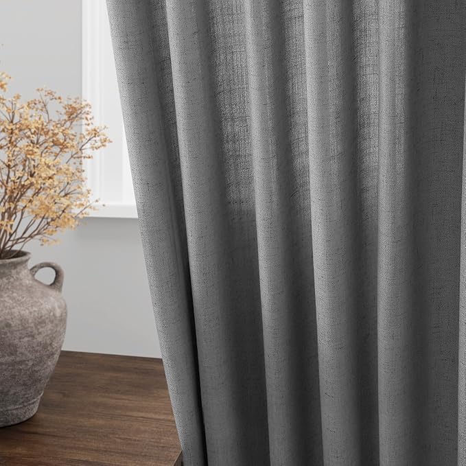 Extra Long Dark Grey Linen Curtains 2 Panels 102 Inches Long for Living Room Cotton Linen Textured Window Curtain Back Tab Rod Pocket Light Filtering Semi Sheer Drapes 102 Inch Length for Bedroom