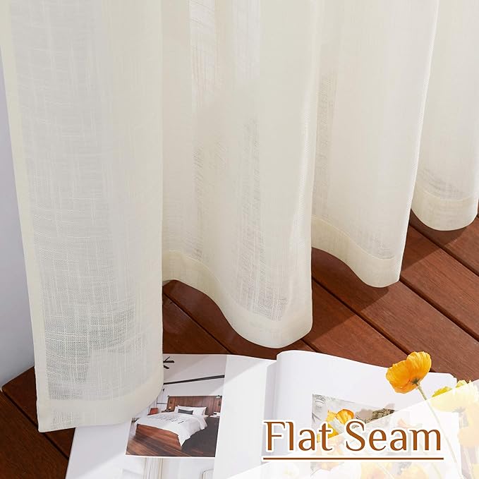 NICETOWN Linen Sheer Curtains and Drapes for Living Room, Rod Pocket & Back Tab Semitransparent with Light Through Vertical Window Treatments for Sliding Glass Door, Natural, W52 x L84, Set of 2