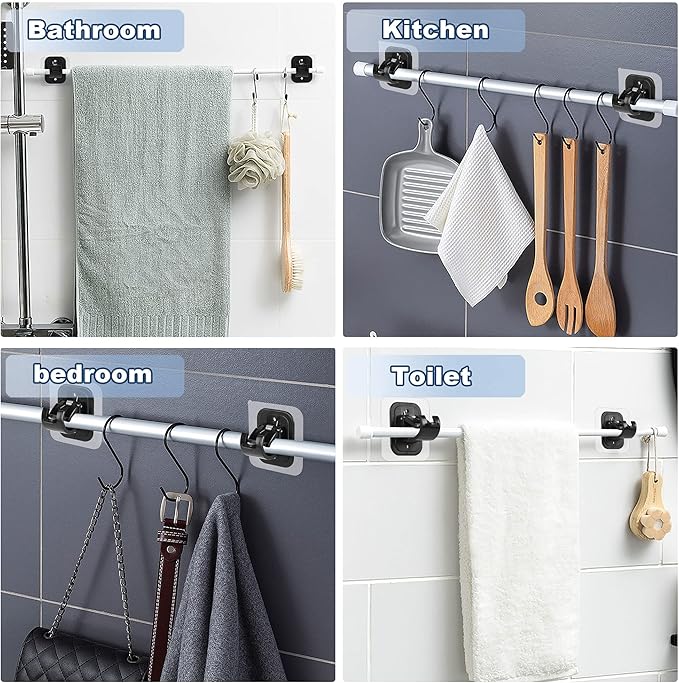 Codoule 10PCS Self Adhesive Curtain Rod Holders No Drill Curtain Rods Brackets No Drilling Nail Free Adjustable Curtain Rod Hooks Curtain Hangers for Bathroom Kitchen Home Bathroom Hotel(Black)