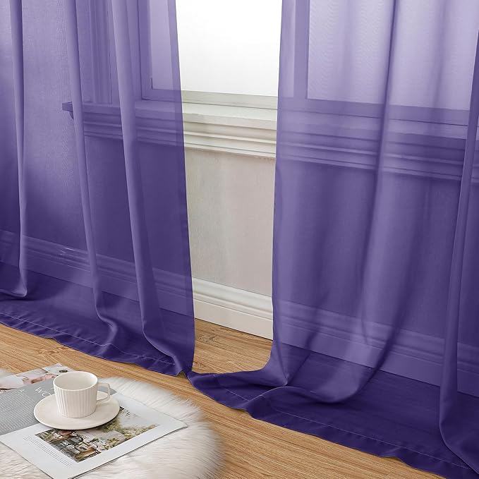 Aiyufeng Purple Sheer Curtains 90 Inches Long 2 Panels Set, Light Filtering Soft Airy Voile Rod Pocket Purple Sheer Window Drapes for Bedroom Living Room, Each 42Wx90L Inches