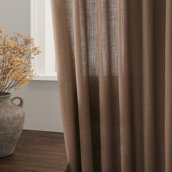 Caramel Brown Linen Curtains 120 Inch Extra Long for Living Room Back Tab Light Filtering Semi Sheer Drapes Modern Farmhouse Decor Cotton Textured Curtain for Floor to Ceiling High Window 52x120