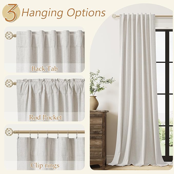 Guken 100% Black Out Light Beige Linen Curtains 90 Inch Long for Living Room Back Tab Rod Pocket Modern Farmhouse Thermal Insulated Drapes for Bedroom Black Out Window Curtain 2 Panels, 52x90
