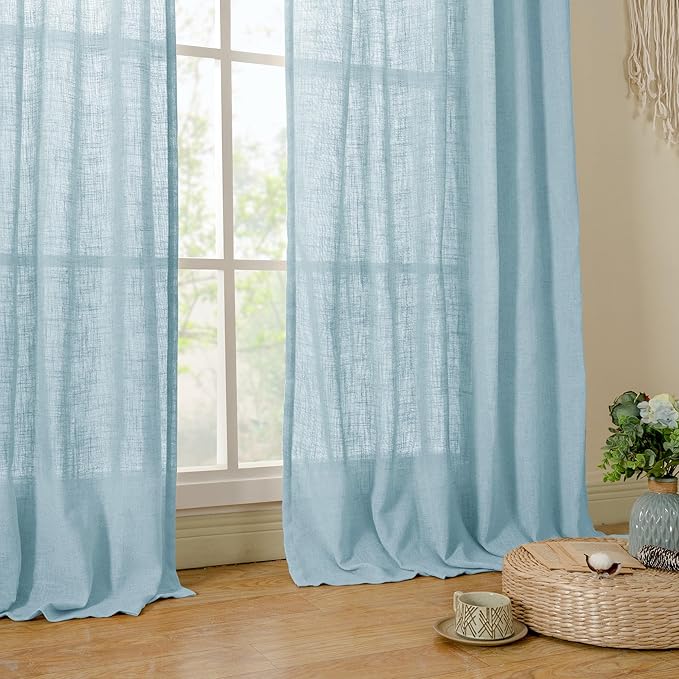 LAMIT Stone Blue Linen Curtains 54 Inch Length 2 Panels, Light Filtering Panels Back Tab and Rod Pocket Country Decor Drapes for Bathroom/Window/Bedroom, 52 x 54 Inch