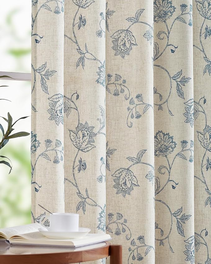 jinchan Linen Curtains Floral Curtains 96 Inch Length for Living Room Bedroom Light Filtering Rod Pocket Back Tab Jacobean Curtains Flax Linen Texture Window Drapes Set 2 Panels Blue on Linen