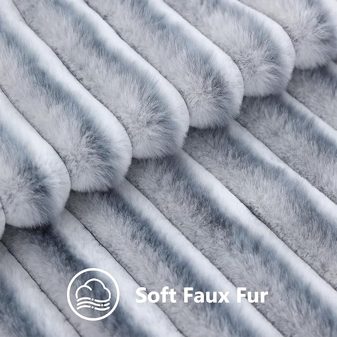 decorUhome Cozy Faux Fur Throw Pillow Covers 20x20 Set of 2 Decorative Soft Plush Striped Modern Farmhouse Boho Couch Pillow Cases with Velvet Back for Sofa Bed Living Room, Grey White