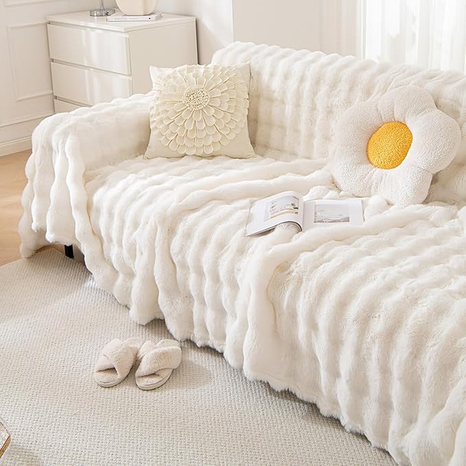 HANDONTIME White Sofa Covers Dog Couch Cover Rabbit Plush L Shaped Couch Covers Faux Fur Sofa Slipcovers for 3 Seat Cushion Couches Shaggy Couch Cover Blanket Washable Thick Soft, 71" X150"