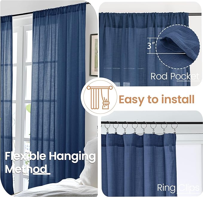 BGment 102 Inch Length Navy Blue Linen Curtains for Living Room, Semi Sheer Window Drapes Extra Long Light Filtering for Bedroom with Rod Pocket Lightweight, 2 Panels Set, Each 52 Inch Wide