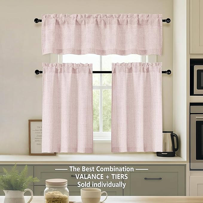 OVZME Blush Pink Valance for Windows, Light Filtering Faux Linen Textured Small Kitchen Valances for Windows, Dual Rod Pocket Farmhouse Short Curtain for Bathroom Basement, 60Wx22L inch, 1 Piece