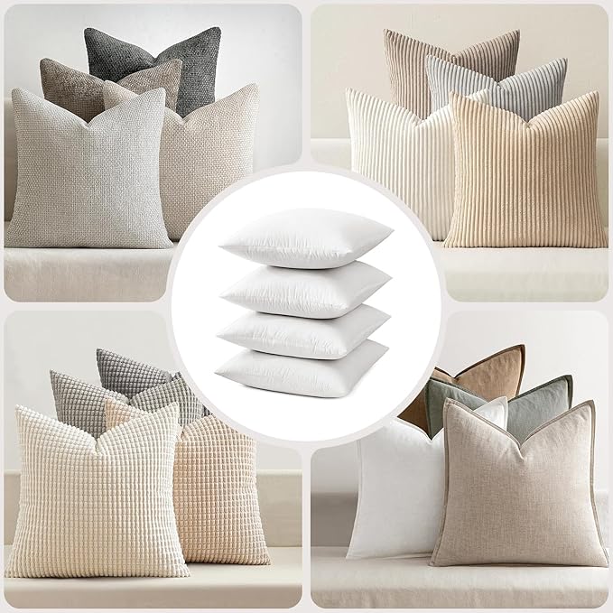 MIULEE Pillow Inserts 18x18 (Pack of 4,White), Down Feather Throw Pillow Inserts, Premium Fluffy Stuffer Throw Pillows Cotton Fabric for Sofa Bed Couch