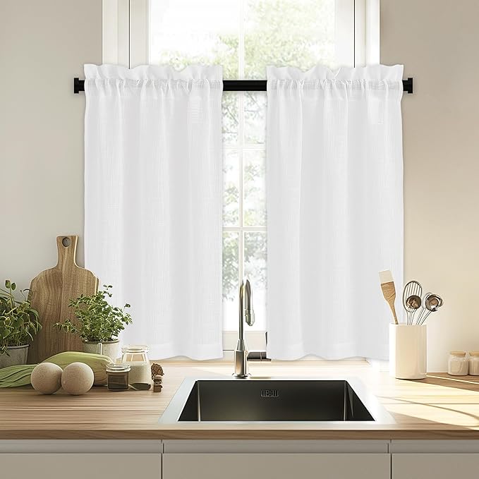 RYB HOME Window Topper Valances 24 inch Length, Privacy Protected Home Decor Soften Sunlight Rustic Half Curtains for Bathroom Kitchen RV Basement, W 34 x L 24 inches, White, 2 Panels