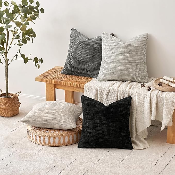 MIULEE Pack of 2 Lumbar Couch Throw Pillow Covers 20x12 Inch Black Modern Boho Accent Decorative Pillow Covers Soft Chenille Farmhouse Cushion Covers for Home Decor Bed Sofa Living Room