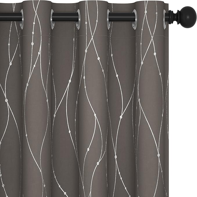 Deconovo Blackout Curtains, Thermal Insulated Soundproof Grommet Drapes, Wave Dots Silver Print, 52 x 45 Inch, Set of 2, Machine Washable Window Panel for Kitchen Bedroom Living Room Nursery, Taupe