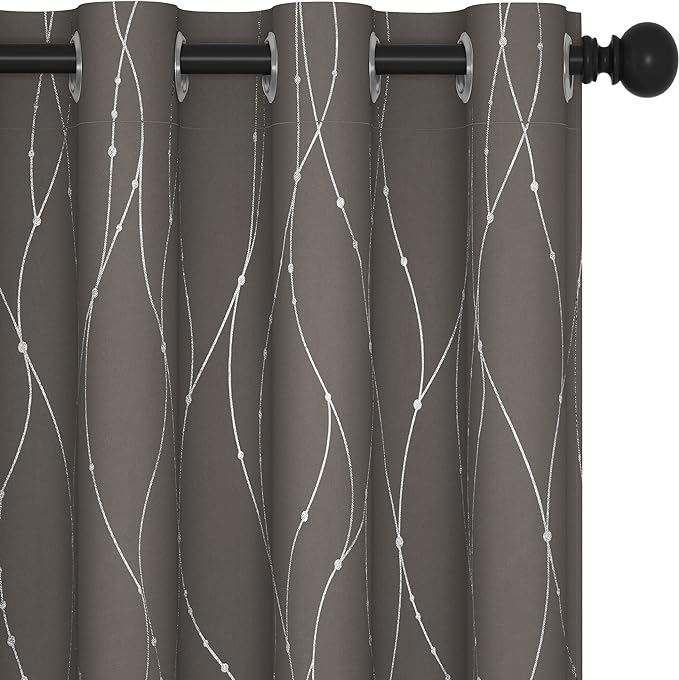 Deconovo Blackout Curtains, Thermal Insulaed Soundproof Drapes, Wave Dots Silver Print, 52 x 95 Inch Long, Set of 2, Machine Washable Window Panel for Sliding Door Bedroom Living Room Nursery, Taupe