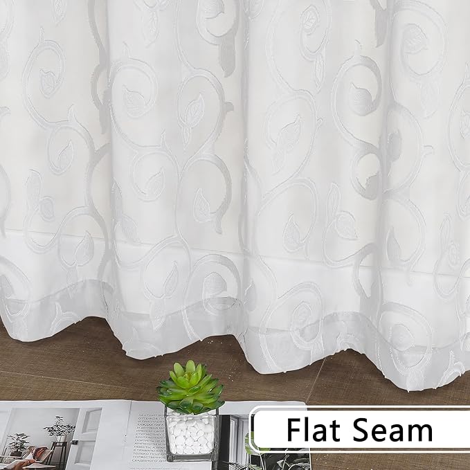 OWENIE Furman Sheer Curtains 63 inch Length for Bedroom Living Room 2 Panels Set, Jacquard Clip Textured Semi Sheer White Curtains, Light Filtering Rod Pocket Farmhouse Window Treatments, 40Wx63L inch