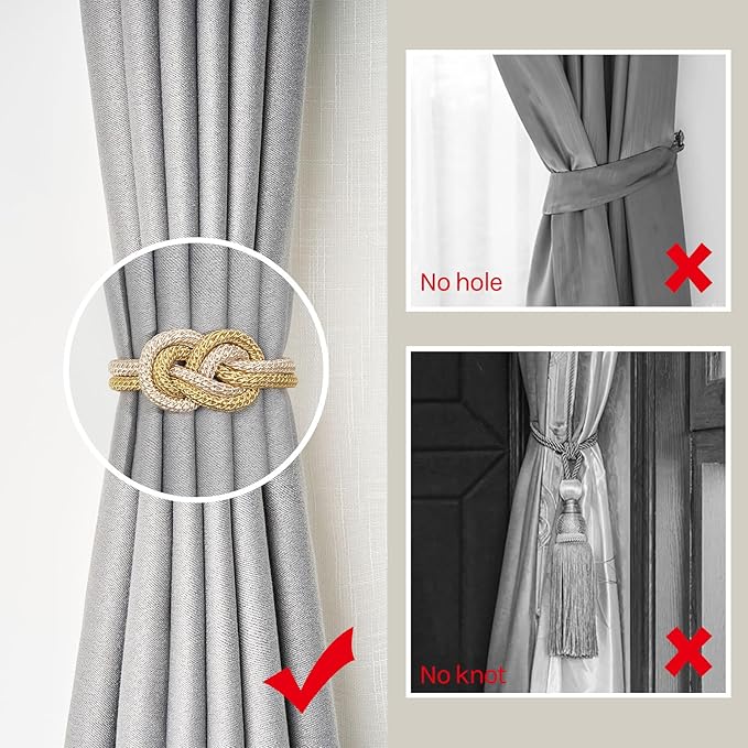 NICEEC 2 Pack Mini Magnetic Curtain Tiebacks Nordic Simple Style Drape Tie Backs Elegant Hand Weave Rope Knot Decorative Curtain Holdbacks for Home & Office Thin Window Drapery (Gold & Beige)