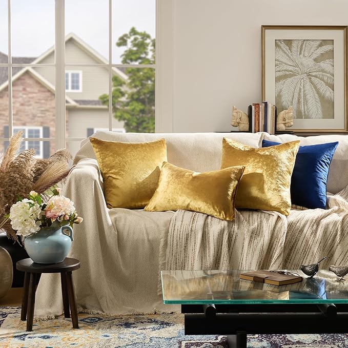 GIGIZAZA Gold Velvet Decorative Throw Pillow Covers for Sofa Bed 2 Pack Soft Cushion Cover 12x20