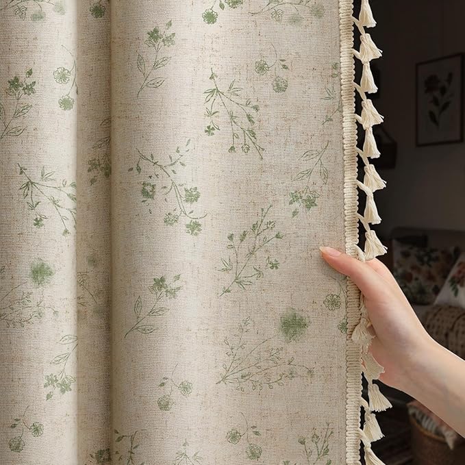 Boho Floral Spring 100% Blackout Curtains 84 Inch Length 2 Panels Set, Linen Texture Farmhouse Curtains with Beige Tassel for Living Room Bedroom, Vintage Rustic Rod Pocket,Green