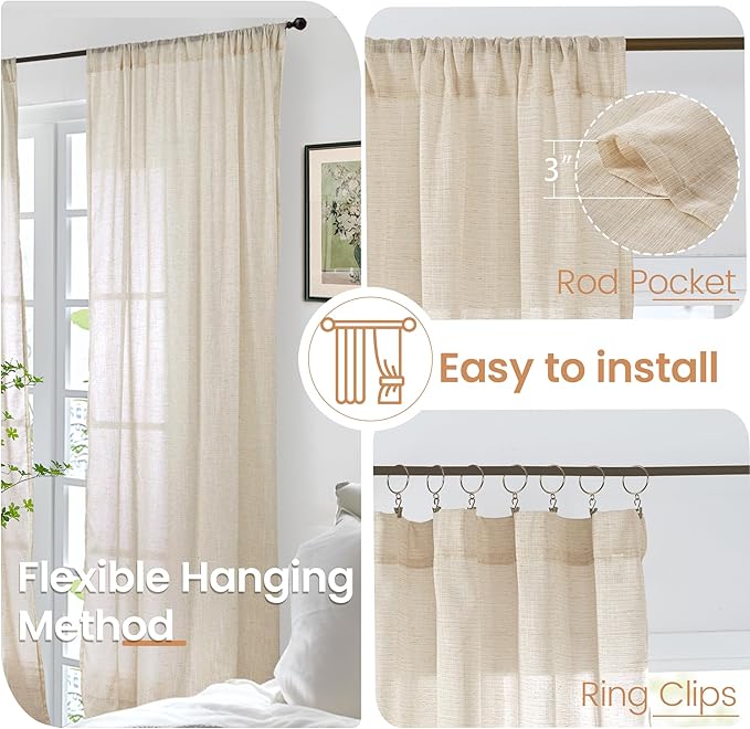 BGment Natural Linen Curtains 54 Inch Length for Short Windows, Burlap Drapes Semi Sheer Light Filtering with Rod Pocket Rustic Lightweight for Living Room, 2 Panels Set, 42 Inch Wide Each Panel