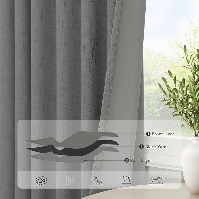 Charcoal Grey Curtains for Bedroom 2 Panel Set 63 Inch Length 100% Blackout Linen Look Thermal Insulated Light Blocking Darkening Bay Window Curtains for Boys Nursery Living Room Bathroom Dark Gray