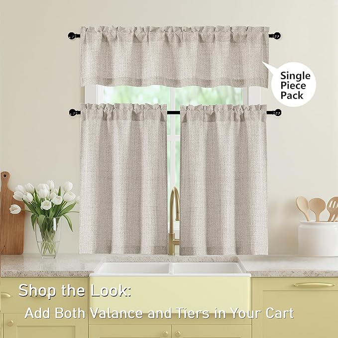 Linen Valances for Windows, Light Filtering Faux Linen Textured Small Short Valance Curtains for Bathroom Basement Farmhouse, Rod Pocket Top Half Curtains for Windows, 60Wx12L Inch
