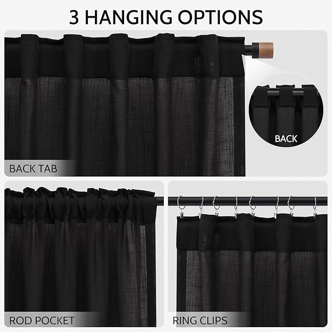 Vintage Black Linen Curtains for Living Room 90 Inches Long Light Filtering Semi Sheer Curtain Back Tab and Rod Pocket Privacy Luxury Gothic Vintage Decor Drapes for Bedroom Office 52x90, 2 Panels