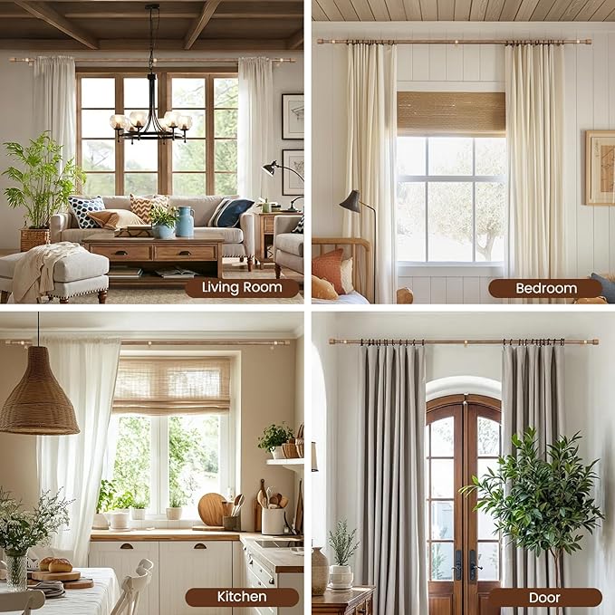 1” Diameter Curtain Rods Itself is 30 to 90 inch 2 Pack Fit 30-84 inch Window with Heavy Duty Adjustable Rod Matte Wood Grain Splicing Metal Extra Long Curtain Rod for Windows