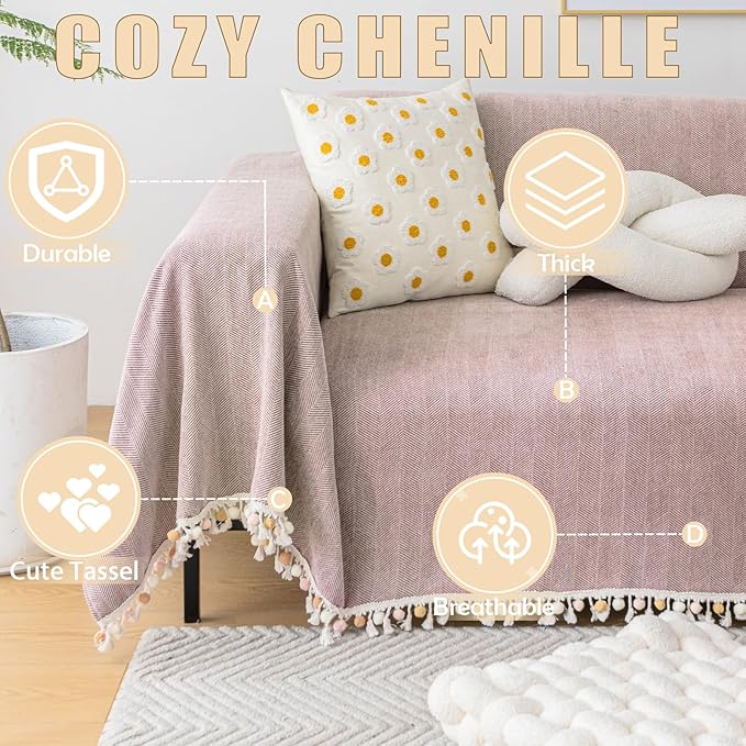 HANDONTIME Soild Couch Covers for Dogs Pink-Purple Sofa Covers Boho Cover for Sofa 3 Seats Chenille Sofa Throw Cover Mauve Sofa Covers for 3 Cushion Couch Tassel, Washable, Pet Friendly, 71" X118"