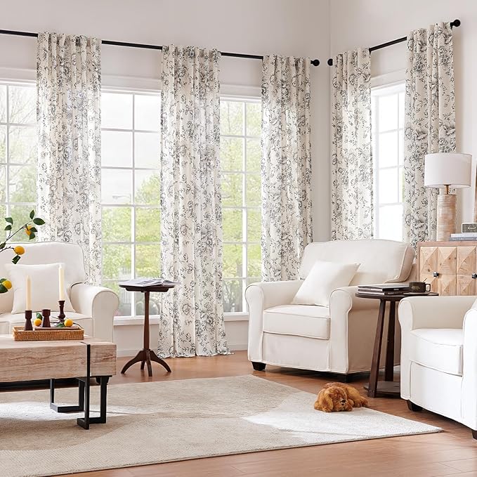 jinchan Linen Blend Curtain Floral Curtains for Living Room 120 Inch Length Black Printed Curtain Rod Pocket Back Tab Farmhouse Peony Flower Patterned Drapes Bedroom Window Curtains Set 2 Panels