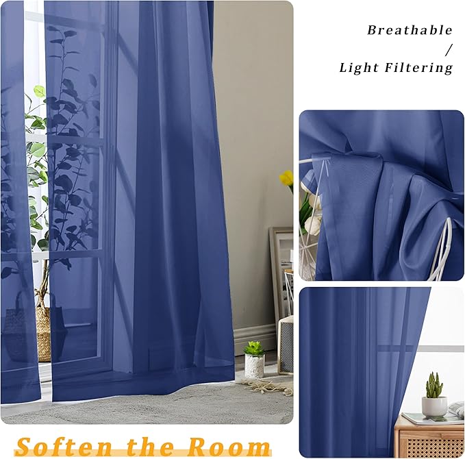 Gwine Royal Blue Sheer Curtains 72 Inches Long 2 Panels Set for Front Door, Light Filtering Sheer Curtains for Living Room, Rod Pocket Window Treatments Drapes, Each 42" Wx72 L