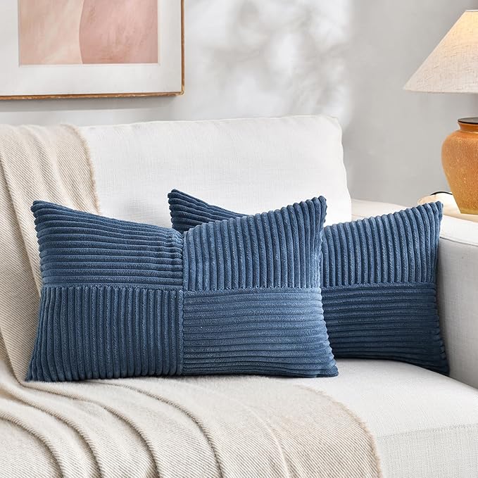 Fancy Homi 2 Packs Dusty Blue Lumbar Decorative Throw Pillow Covers 16x26 Inch for Living Room Couch Bed Sofa, Rustic Farmhouse Boho Home Decor, Soft Striped Corduroy Rectangle Accent Cushion Case
