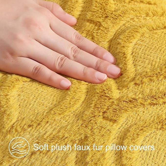 decorUhome Summer Throw Pillow Covers 22x22 Inch Set of 2, Soft Plush Faux Wool Mustard Yellow Solid Couch Pillow Covers, Accent Euro Sham Farmhouse Square Pillow Cases for Sofa Bed Living Room