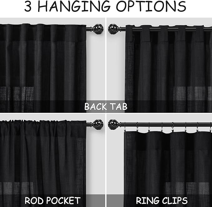 Black Large Window Curtains Light Filtering Semi Sheer Privacy Linen Textured Curtain for Patio Sliding Glass Door Extra Wide Rustic Farmhouse Drapes for Living Room Bedroom Sunroom 100x90 Inch