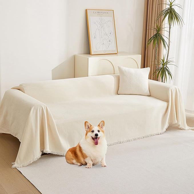 MYSKY HOME Beige Couch Covers Boho Style Chenille for 2 Cushion L-Shape Washable Couch Blanket with Tassel Pet Cushion Cover, 71" X102