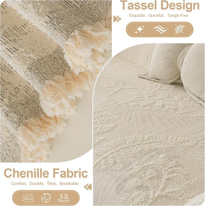 HANDONTIME Washable Couch Covers for Sofa Boho Couch Covers for 3 Cushion Sofa Pet Friendly Beige Chenille Jacquard Couch Protector for Dogs Plant Branch Sectional Cover Sofa Slipcovers, 71" X 150"