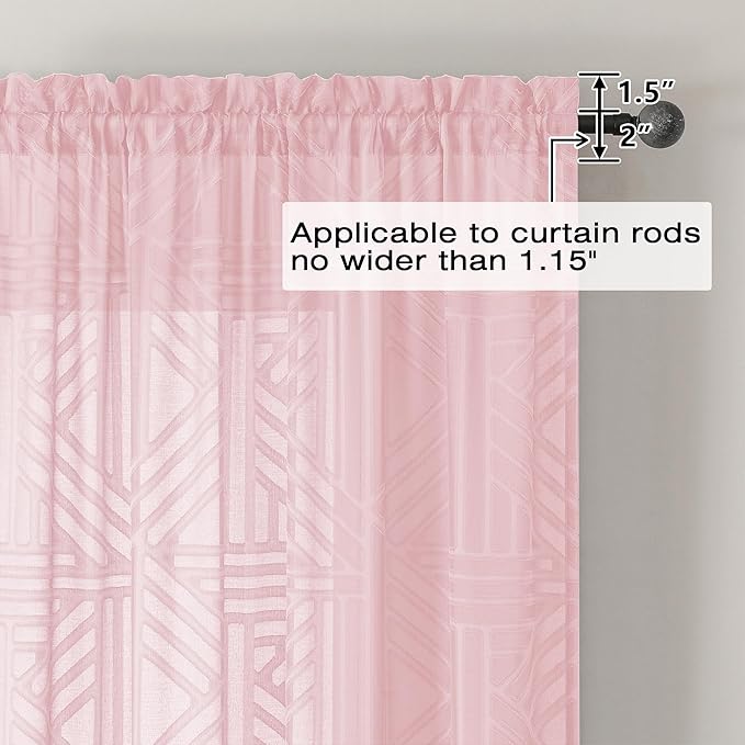 Simplebrand Blush Sheer Curtains 72 Inch Length 2 Panels for Living Room, Light Filtering Geometric Jacquard Clip Textured Rod Pocket Semi Sheer Curtains for Front Back Patio Glass Door，42x72 inch