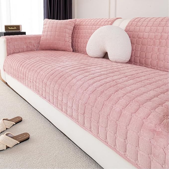 Velvet Couch Cover, Washable Sectional Sofa Cover, Anti Slip Sofa Slipcover for 3 Cushion Couch Sofa L Shaped Armrest Backrest, Furniture Protector Covers for Pets Kids(1PC,Pink,36"×83")
