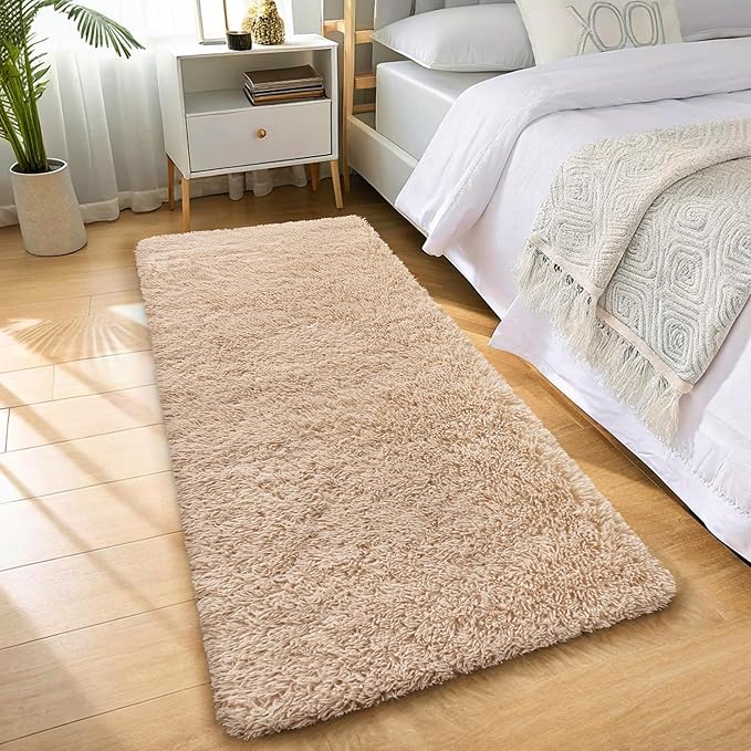 OLANLY 2x12 Machine Washable Runner Rugs for Hallway, Soft Fluffy Shaggy Bedside Rugs for Bedroom, Living Room, Indoor Floor Carpet for Kids Girls and Boys, Nursery Rooms, Home Decor Aesthetic, Beige