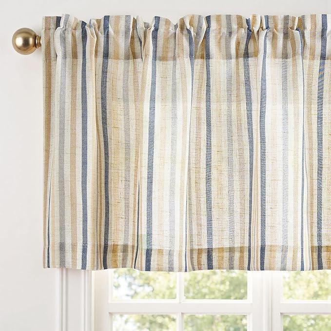 jinchan Valance Curtain Linen Textured Striped Window Curtain for Living Room Light Filtering Farmhouse Valance for Kitchen Rod Pocket 1 Panel 16 Inch Multi Blue on Linen 1 Panel
